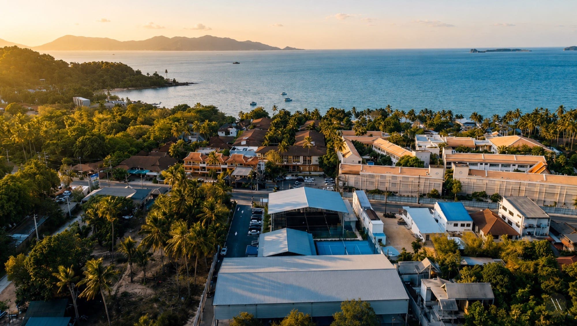 The club and the Fisherman's Village coastline from the air at sunset
