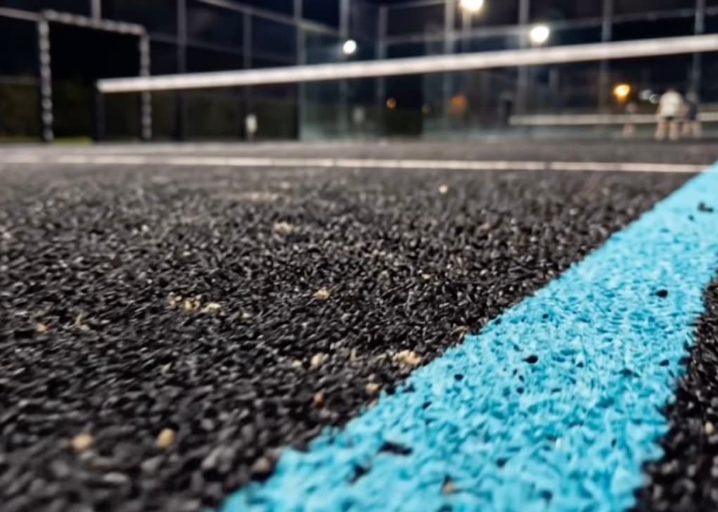 Court surface and floodlights during an evening session