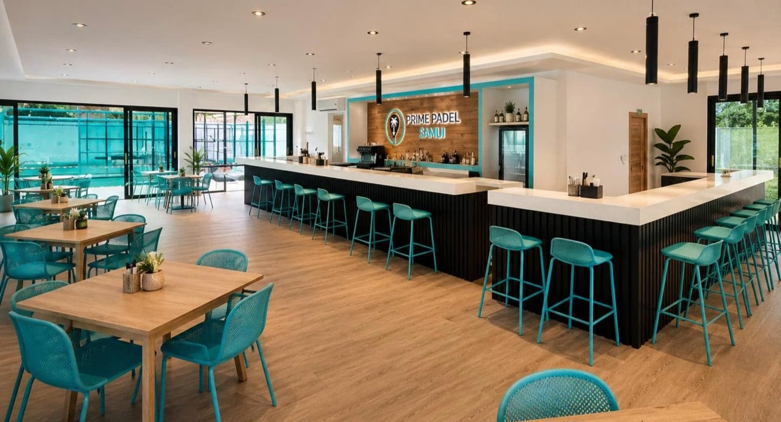 The clubhouse bar and lounge, with the Prime Padel Samui sign behind the counter