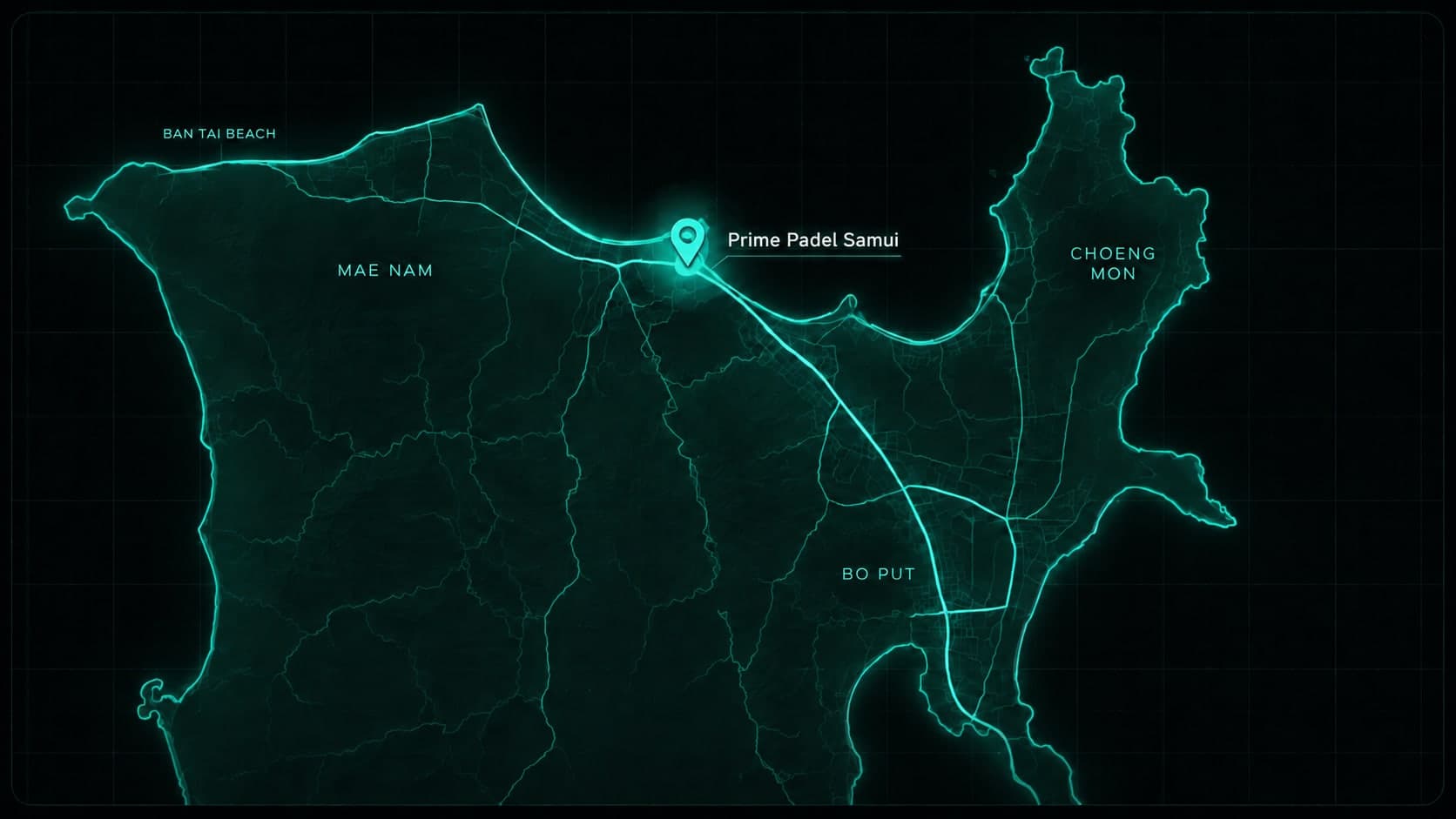 Map of northern Koh Samui showing Prime Padel Samui in Mae Nam, with Ban Tai Beach, Bo Put and Choeng Mon